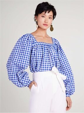 Kate Spade Blue White Gingham Square Neck Balloon Sleeve Top Size M Cottagecore